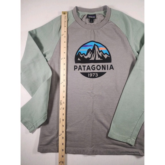 Patagonia Mens Small Lightweight Crew neck Sweatshirt Gray Green Fitz Roy Scope - Picture 2 of 12